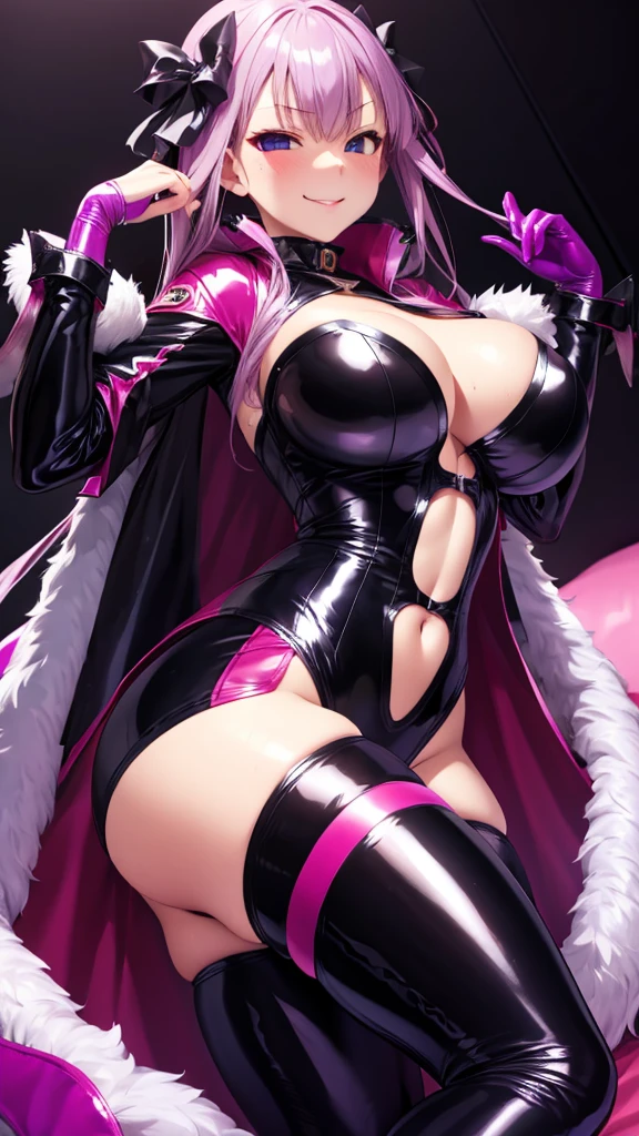 Erotic、fgomartha、Big Breasts、Purple latex rubber suit leggings Pink line、Evil female executive、sexy、Evil smirk face、tall、adult、lure、Alluring、Pitch black background、Dark bedroom at night、White long fur coat jacket