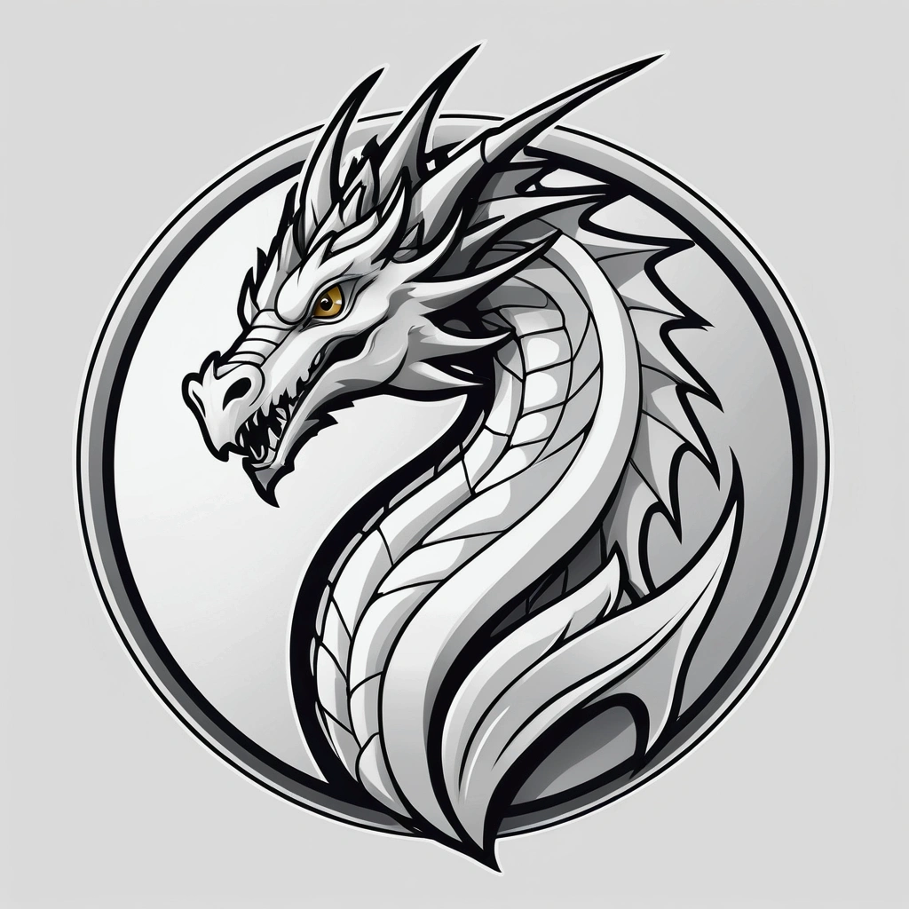 ::style vetor, vectorized logo of a white dragon, soon in (((rounded shape))), with white and gray colors/blackw, white outlines and backgrounds, ::n_style image background, Deformations in the logo, animated cartoon, anime white background
