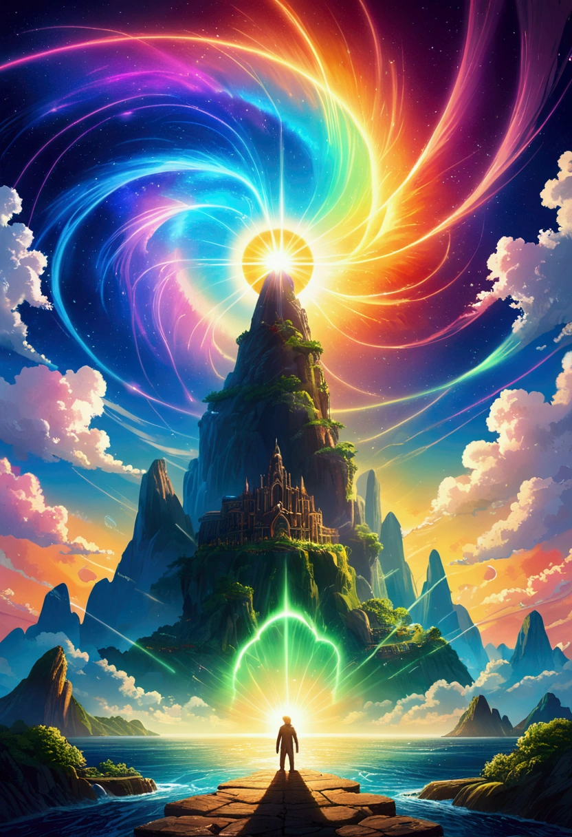 (Mysterious Island), in Solar Sanctuary, standing beneath a sky filled with swirling colorful clouds of solar plasma and colorful streams of charged particles from the sun, award-winning, cinematic still, emotional, vignette, dynamic, vivid, (masterpiece, best quality, Professional, perfect composition, very aesthetic, absurdres, ultra-detailed, intricate details:1.3)