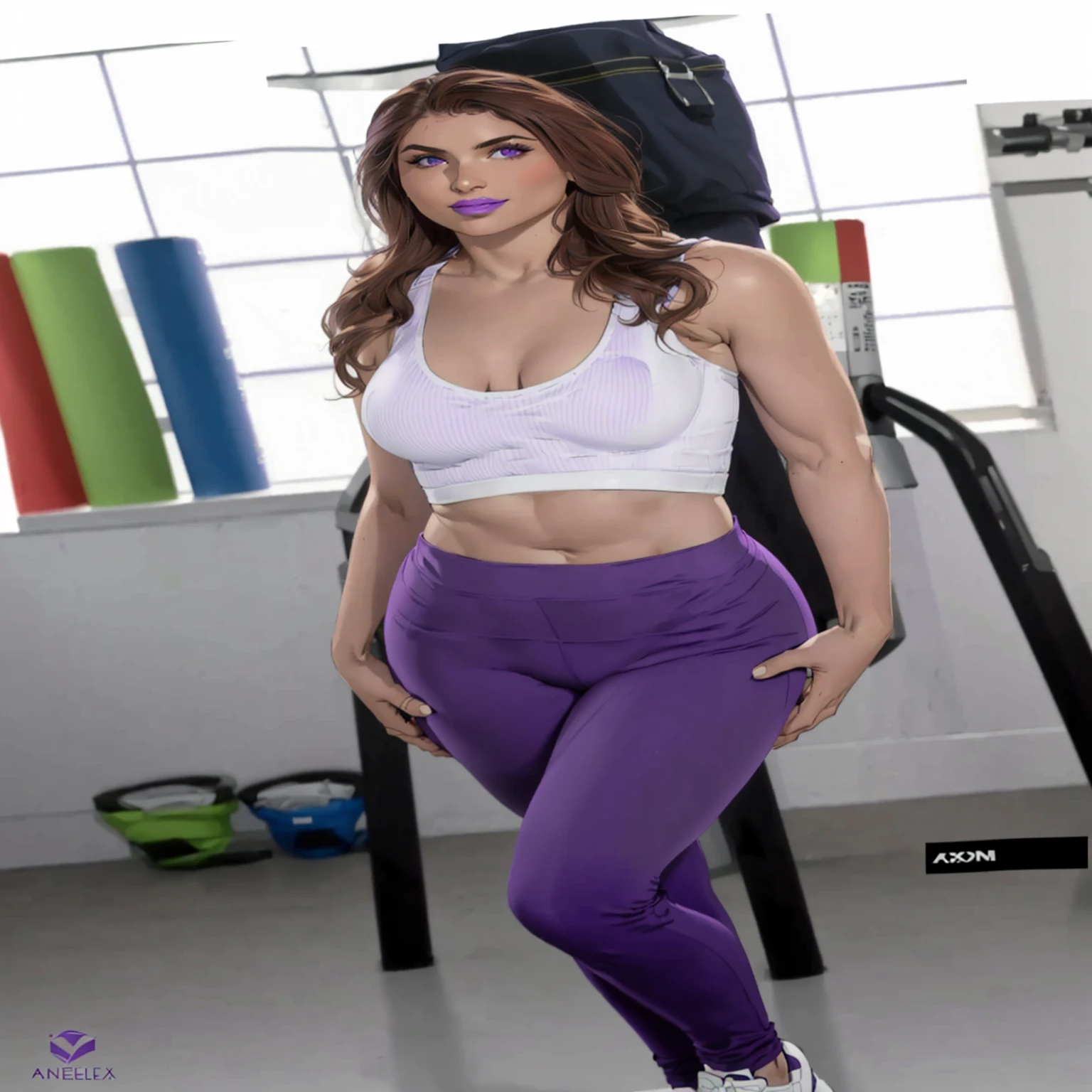 Arafed woman wearing a white top and purple pants posing for a photo., violet tight tanktop, tight attire, purple cap, in a gym, grace alexa, purple jumpers with leggings, annoy, tight, Angela Blanco, two piece sportswear, using fitness equipment, tight fit, tight outfit, Brown hair