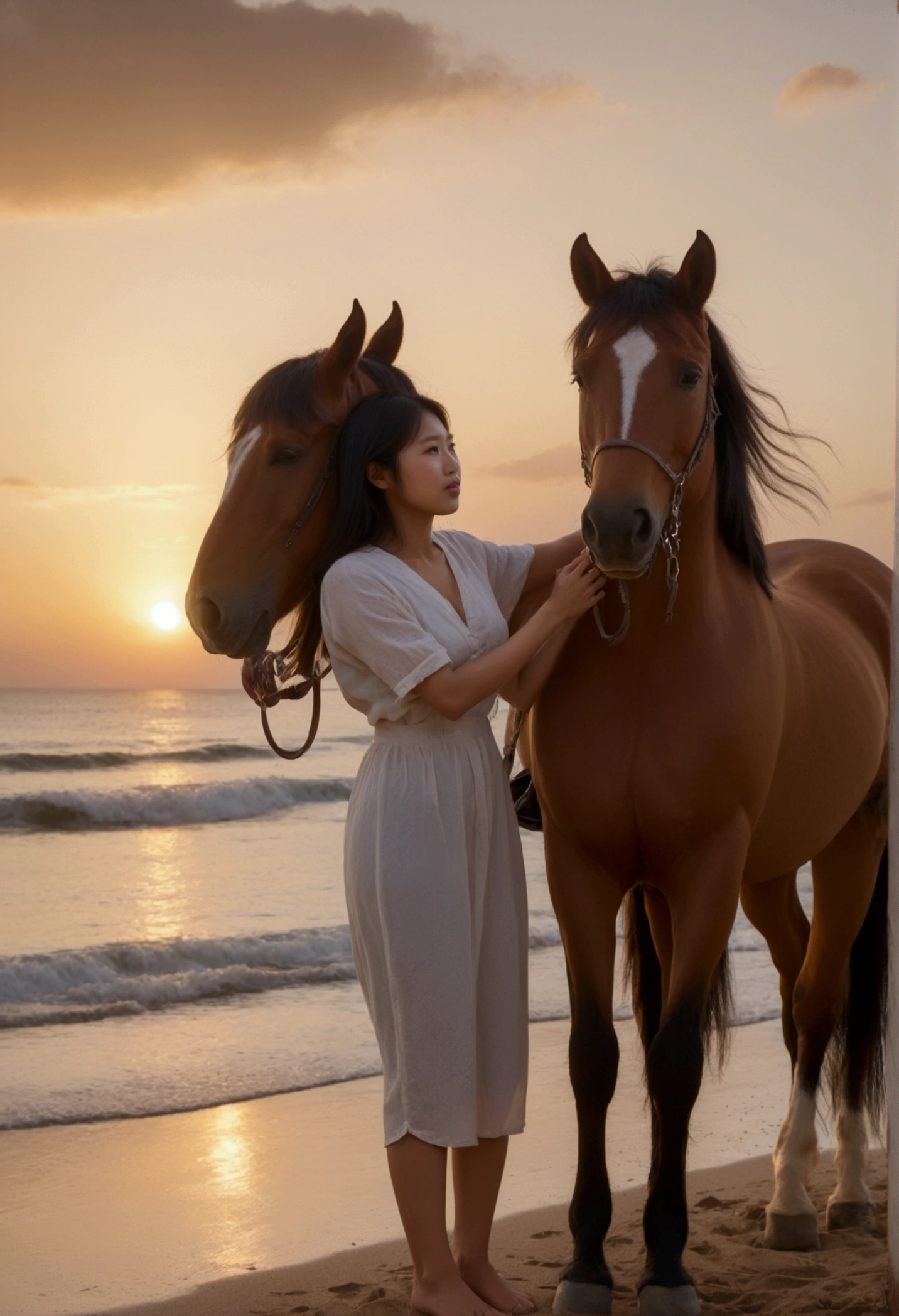 25 year old Asian girl with huge tits getting fucked by a horse by the sea with a beautiful sunset and lots of people around