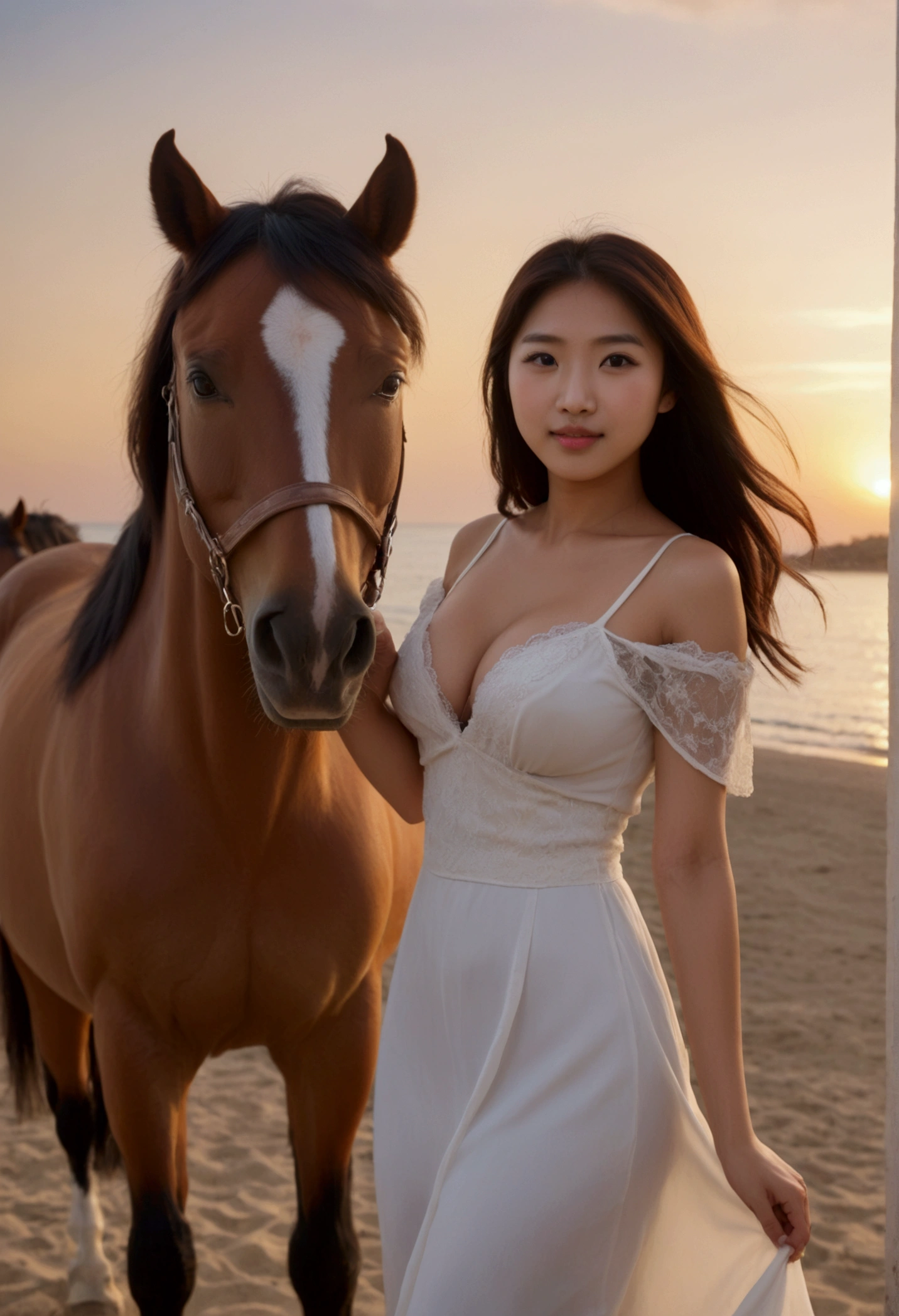25 year old Asian girl with huge tits getting fucked by a horse by the sea with a beautiful sunset and lots of people around