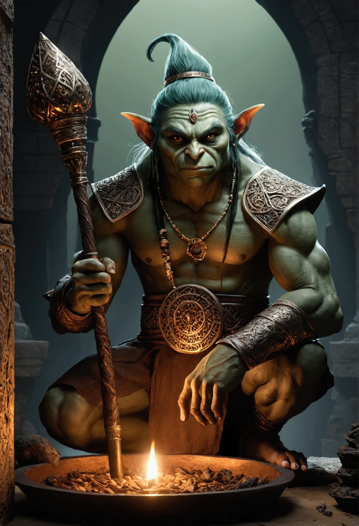 detailed digital illustration of a Dreamyvibes Artstyle Goblin shaman adorned in tribal markings at a Interdimensional gateway in hidden jungle, <lora:EldritchComicsXL1.0:1> <lora:Dreamyvibes artstyle SDXL - Trigger with dreamyvibes artstyle:0.7> Dreamyvibes Artstyle