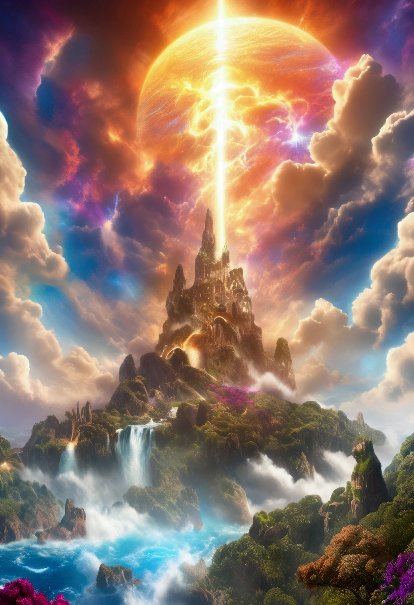 (Mysterious Island), in Solar Sanctuary, standing beneath a sky filled with swirling colorful clouds of solar plasma and colorful streams of charged particles from the sun, award-winning, cinematic still, emotional, vignette, dynamic, vivid, (masterpiece, best quality, Professional, perfect composition, very aesthetic, absurdres, ultra-detailed, intricate details:1.3)