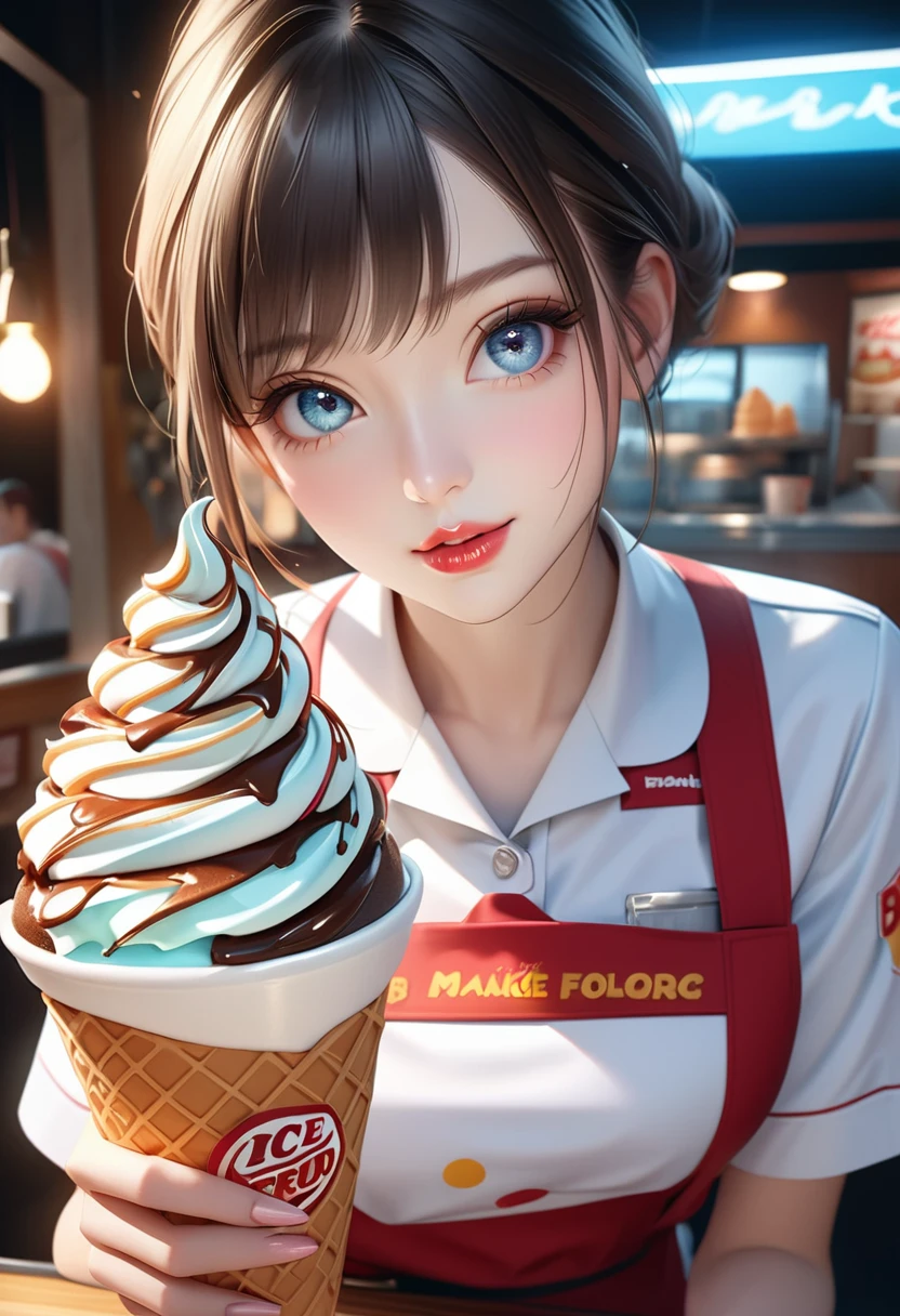 a beautiful young woman in a clean and crisp fast food uniform, beautiful detailed eyes, beautiful detailed lips, extremely detailed face, long eyelashes, friendly and courteous expression, making delicious soft serve ice cream, popular fast food restaurant, detailed texture of the ice cream, perfect uniform, high quality lighting, photorealistic, 8k, best quality, masterpiece, professional, studio lighting