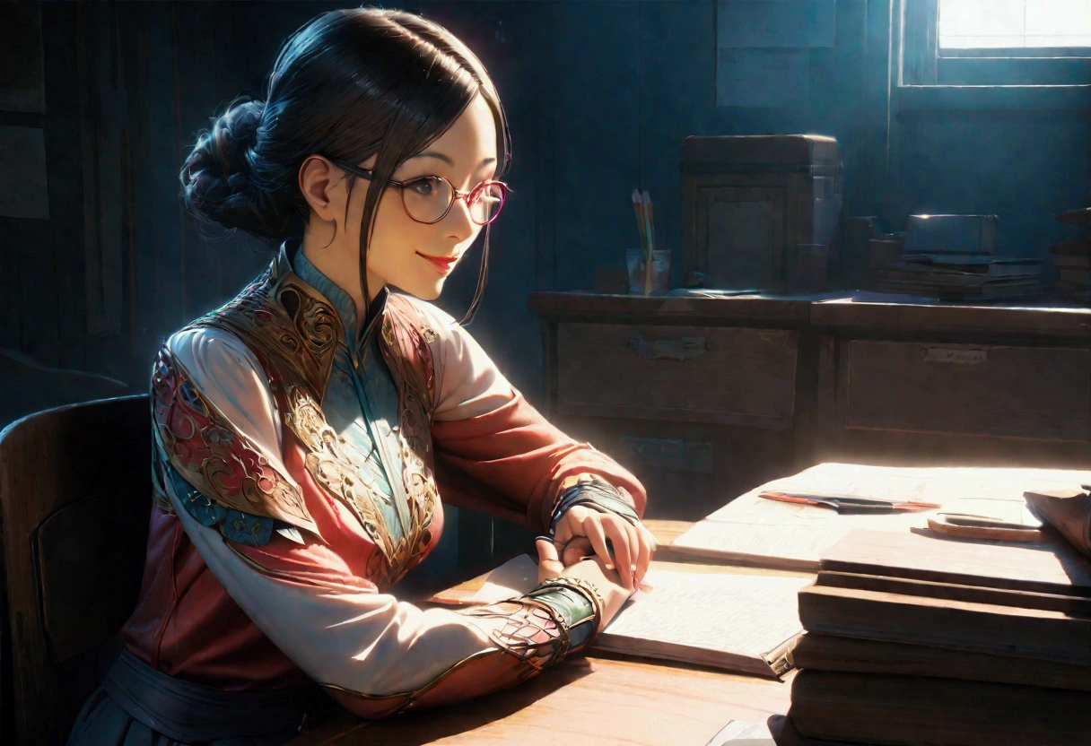 a smiling anime girl wearing glasses sitting at a desk, detailed facial features, intricate clothing, high quality, vibrant colors, cinematic lighting, 8k, photorealistic, digital art, concept art