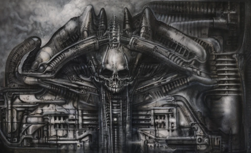 The image is a detailed view of H.R. Giger's biomechanical tableau \" Landscape XVI \" plate, featuring.
(airbrush painting, Giger's alien in front of broken alien ship in landscape, natural light, sharp focus, illustration, highly detailed, digital painting, concept art, matte, art by gric and kozhanov and moebius and Alphonse Mucha, masterpiece, HDR ,UHD , uplight, in HRGigerArhP style);1.
surrealistic painting of a monster with multiple tentacles and a body that looks like a brain, surrounded by a chaotic scene of swirling clouds and other monsters
 It's a complex network of bones and organs in eldritch color scheme:a greenish-brown hue ,swirling gery and brown colors. The artwork is silverish and green brown, with an ivory bones prominently displayed. The image is highly detailed and intricate, almost like a 3d version of a medical sketchwork.   
The piece is a tableau, most likely created with a India ink pen or pencil on paper, determined by the thin lines, shading techniques, and the texture of the paper, which is visible around the edges.
Used is pen, given the shading and variations in line weight visible in the image. Artist have used a variety of stylus with different degrees of hardness to achieve the shading effects.
 The use of undersaturated green-grays dark contrasts creates a stark and graphic look. Is used a variety of linework techniques to create different textures. Fine, parallel lines create a smooth, metallic texture,while thicker, more cursive lines suggest cables or wires.
Light source from the top highlights skeletals, pper part of foreground, lower part of image is in shadowupper part of foreground, lower part of image is in shadow.
The art performance showcases the artist’s skills in observation and rendering. The level of detail in the piece suggests a close study of real bone specimens and mechanics. The artist has skillfully used shading techniques to create a convincing illusion of three-dimensionality on a flat surface. The wrinkles 