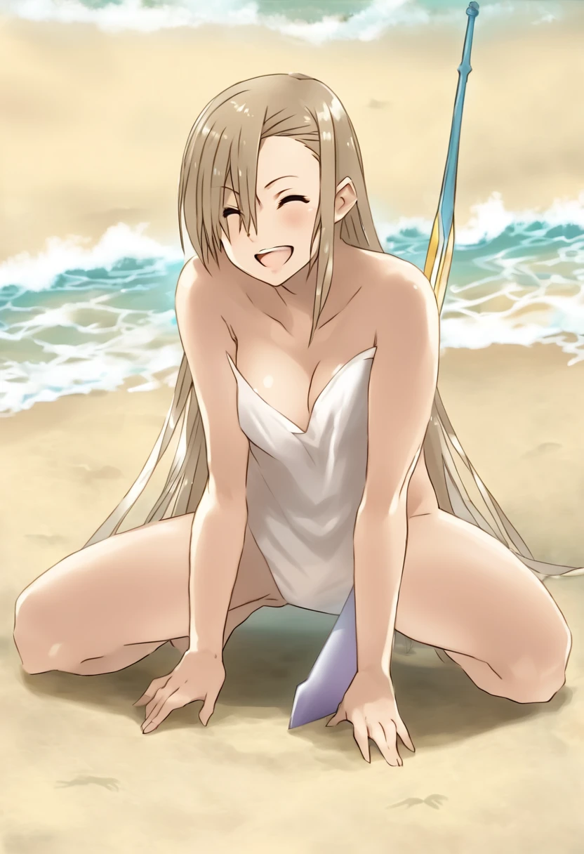 beach, yawning face, hand on heads, offshoulder, 40k, photography, masterpiece, best quality, (Belldandy), medium breasts, (naked), varied poses, sex, cowgirl positon, girl on top, (straddling), (1boy:1.1), hetero