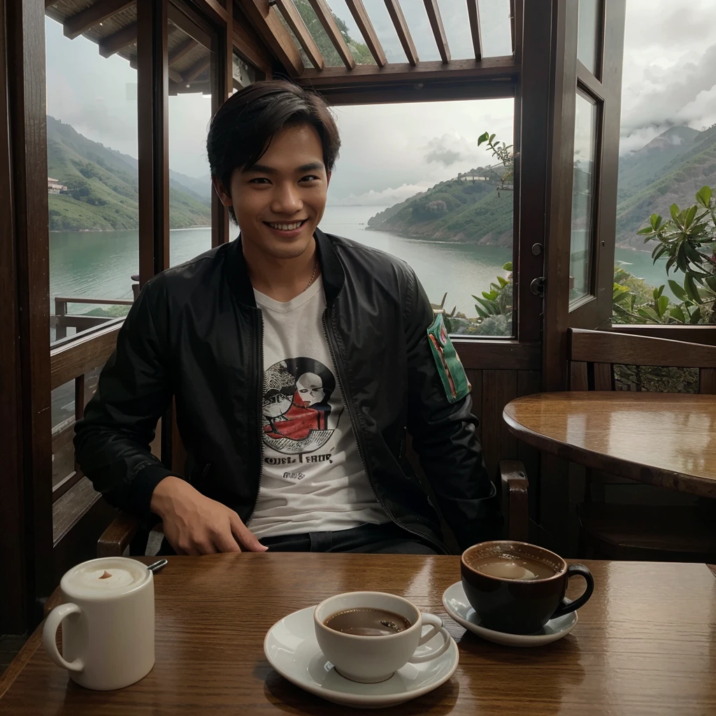 Professional photography of a handsome young asian. Wearing a black jacket, white, green and red t-sirt, with a picture of a balinese mask. Chatting a little smiling, sitting in an open cafe at the top of the mountain, on the table there was 1 cup of black coffe. With a view of the misty lake, the photo was taken with a vivo cellphone camera