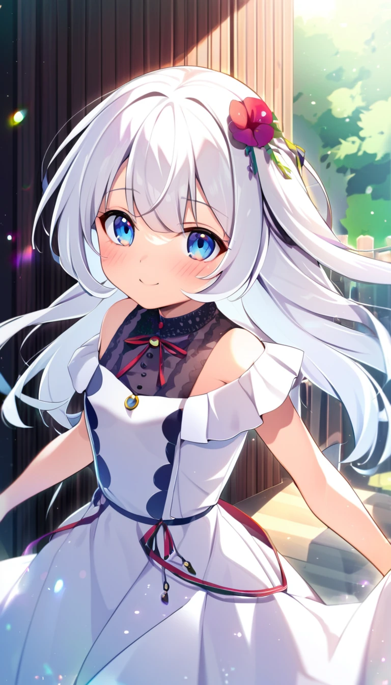 one girl, cute, naive, 13 years old, beautiful, light blue eyes, white dress, blush, white hair, look at me, happily