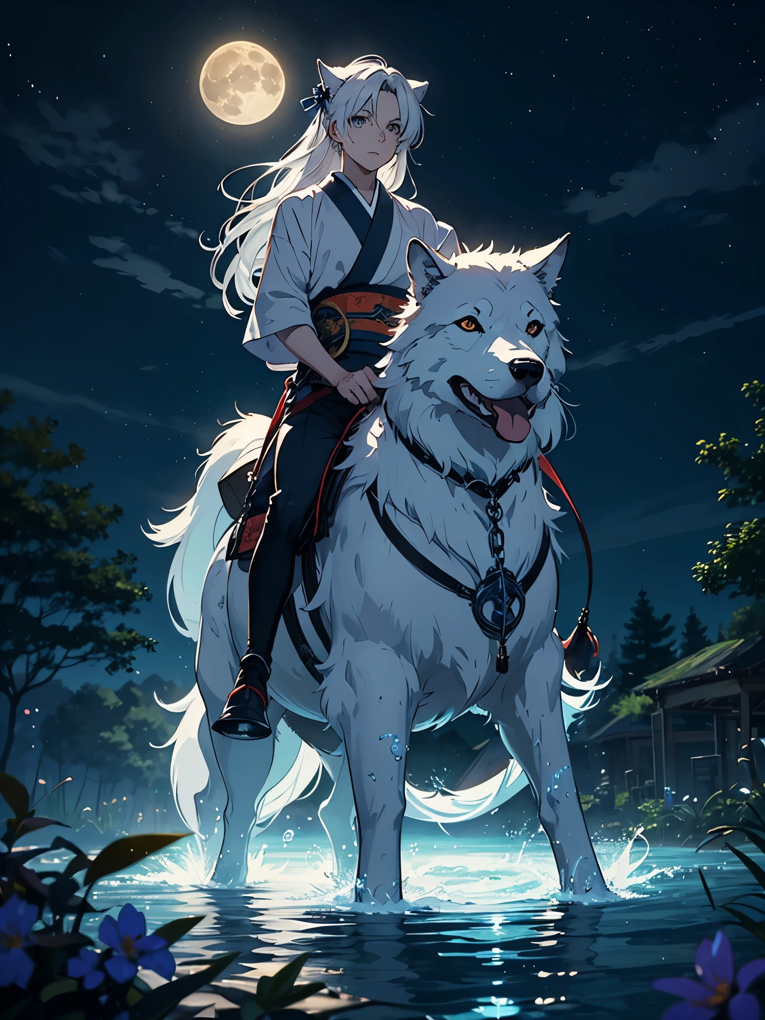 Mit Katana Schwert. Riding a big wolf. Göttlich. Geweih auf dem Kopf. Kimono. Big Wolf. day lights. More anime. light blue light. Bright bright light. magical. Moon. Sitting on a big white wolf. Lightening flowers. More anime. male. Blue flowers. Long hair. long white hair. aquatic, boy, God of the Moon, silver hair accessories, White hair. 