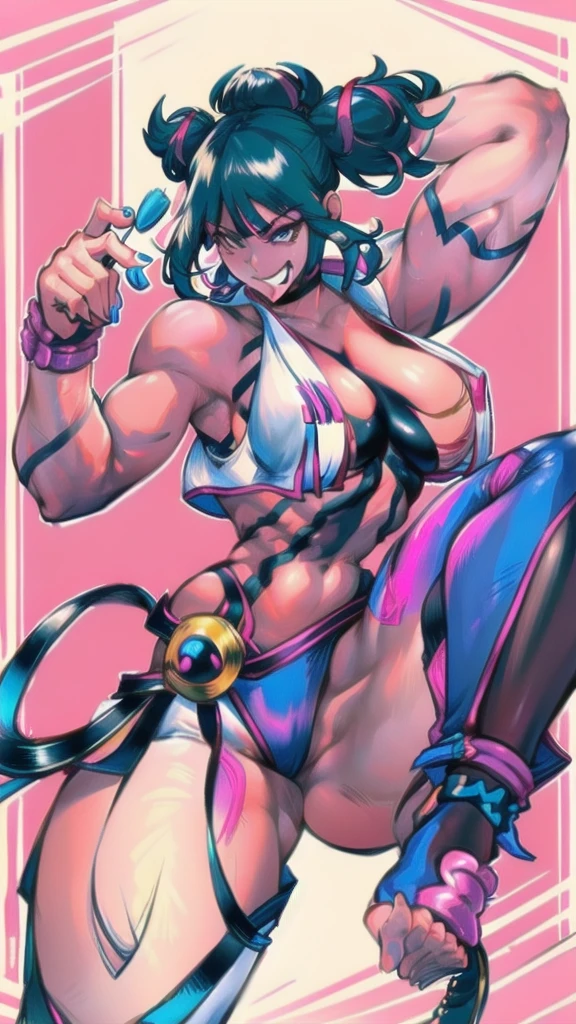 Full body image of Juri Han from Street Fighter 6, From head to toe, wearing her outfit from street fighter 6, female body, athletic body, dynamic pose, detailed pose, simple background, expressive face showing a mischievous grin, focus on face, line art, sketch.