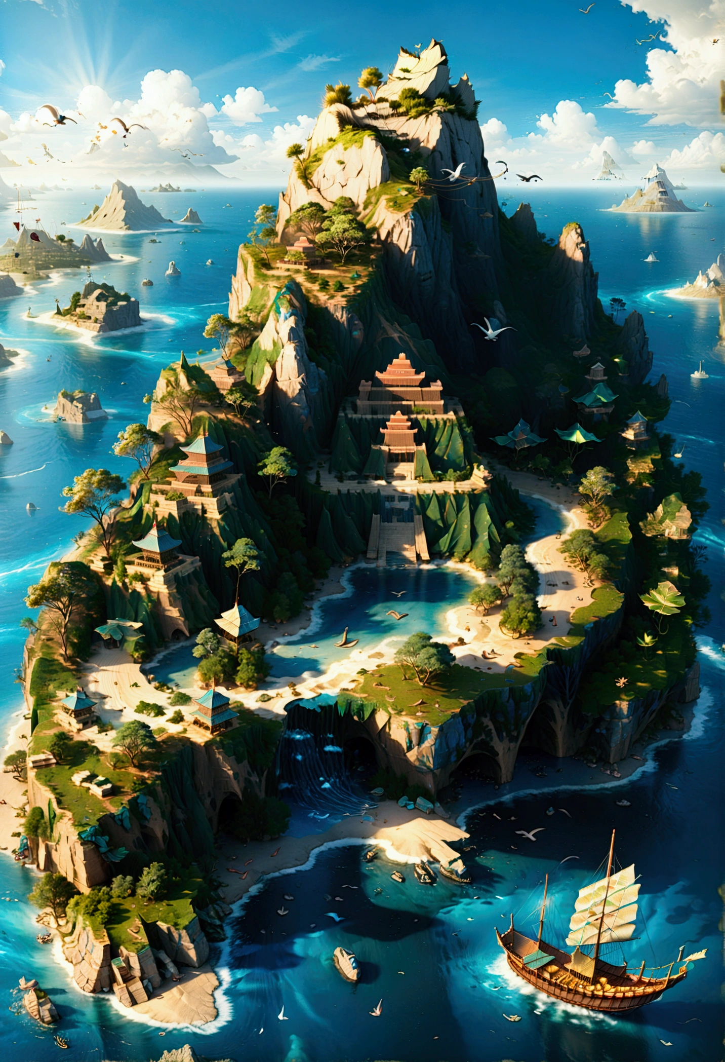 (Bird&#39;s eye view:1.5)，An ancient treasure map，Horizon leading to an exotic island。The island is covered with lush tropical vegetation、Mysterious ancient buildings and a towering mountain。This is an obvious destination for daring explorers。The sky is dotted with birds，There&#39;s a sense of adventure in the air，The boundless blue sea is inhabited by various marine creatures.。A wooden boat with an elegant sail awaits in the nearby bay.，Prepare to start a cross-sea journey。