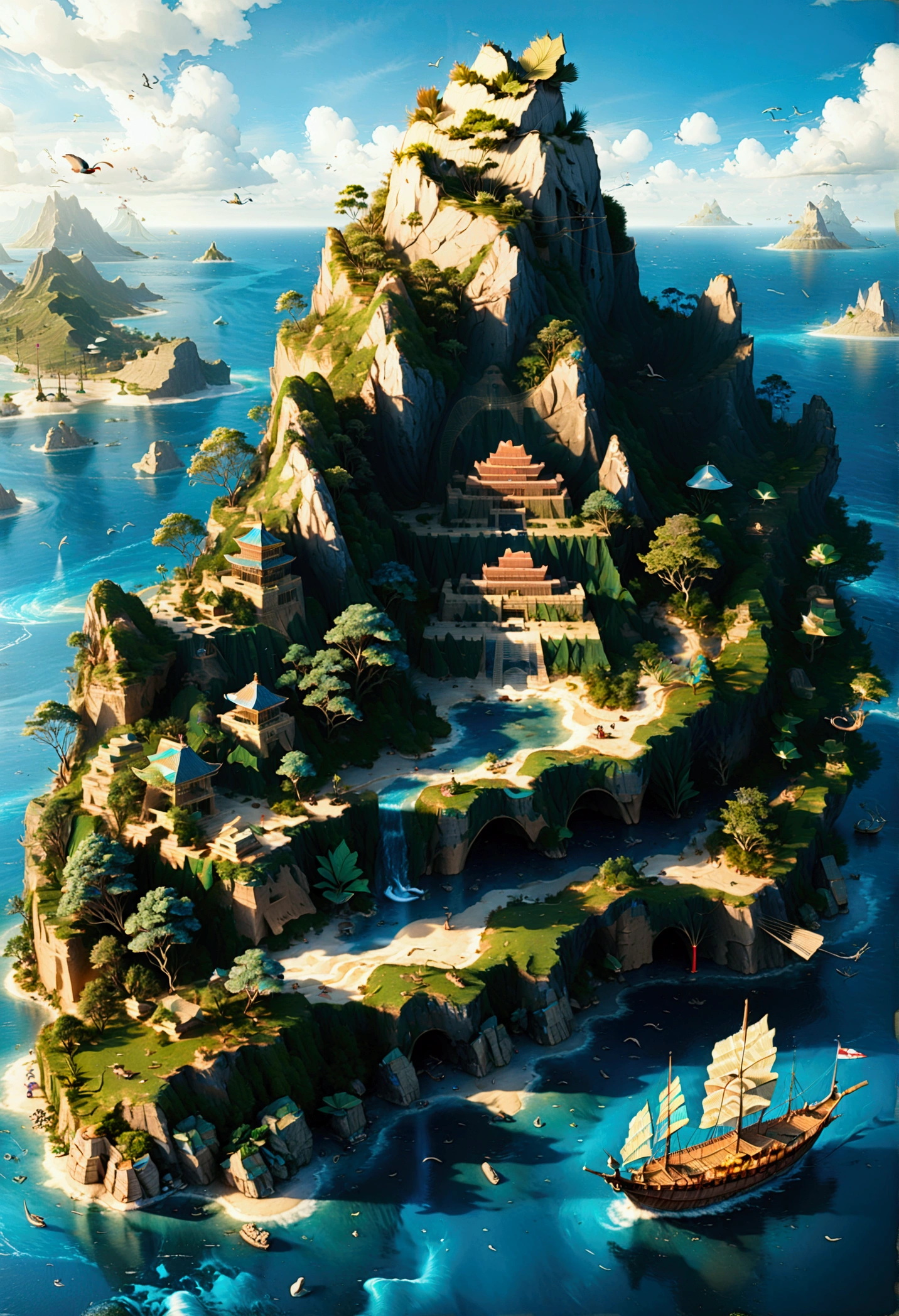 (Bird&#39;s eye view:1.5)，An ancient treasure map，Horizon leading to an exotic island。The island is covered with lush tropical vegetation、Mysterious ancient buildings and a towering mountain。This is an obvious destination for daring explorers。The sky is dotted with birds，There&#39;s a sense of adventure in the air，The boundless blue sea is inhabited by various marine creatures.。A wooden boat with an elegant sail awaits in the nearby bay.，Prepare to start a cross-sea journey。