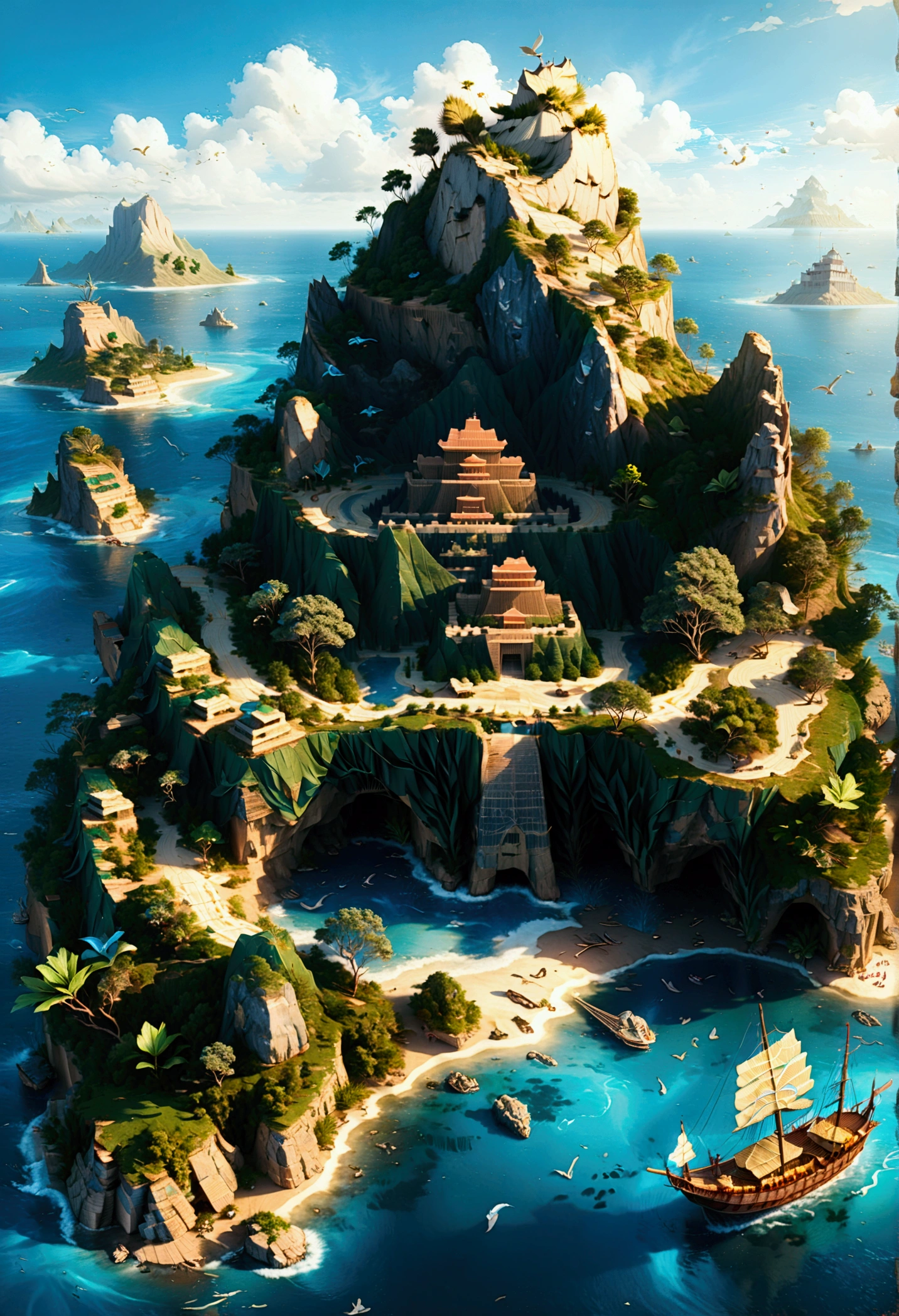 (Bird&#39;s eye view:1.5)，An ancient treasure map，Horizon leading to an exotic island。The island is covered with lush tropical vegetation、Mysterious ancient buildings and a towering mountain。This is an obvious destination for daring explorers。The sky is dotted with birds，There&#39;s a sense of adventure in the air，The boundless blue sea is inhabited by various marine creatures.。A wooden boat with an elegant sail awaits in the nearby bay.，Prepare to start a cross-sea journey。