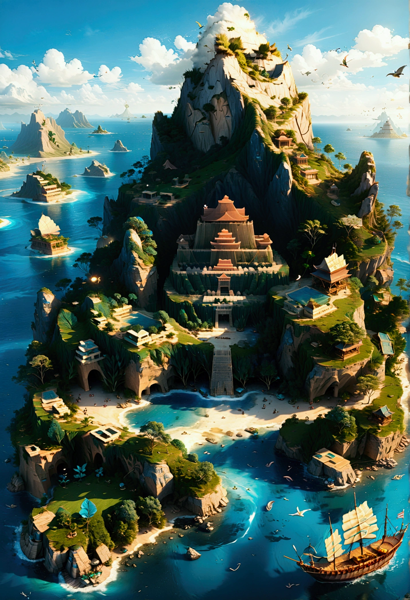 (Bird&#39;s eye view:1.5)，An ancient treasure map，Horizon leading to an exotic island。The island is covered with lush tropical vegetation、Mysterious ancient buildings and a towering mountain。This is an obvious destination for daring explorers。The sky is dotted with birds，There&#39;s a sense of adventure in the air，The boundless blue sea is inhabited by various marine creatures.。A wooden boat with an elegant sail awaits in the nearby bay.，Prepare to start a cross-sea journey。