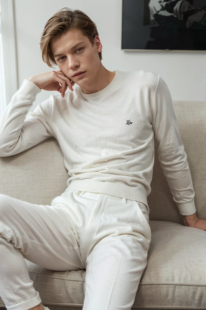 Janis Ancens in white thin socks, preppy haircut, classic pants, black shirt and off-white cashmere sweater, elegant watch, lying on couch pensively showing off his white socked feet , elegant library, full view