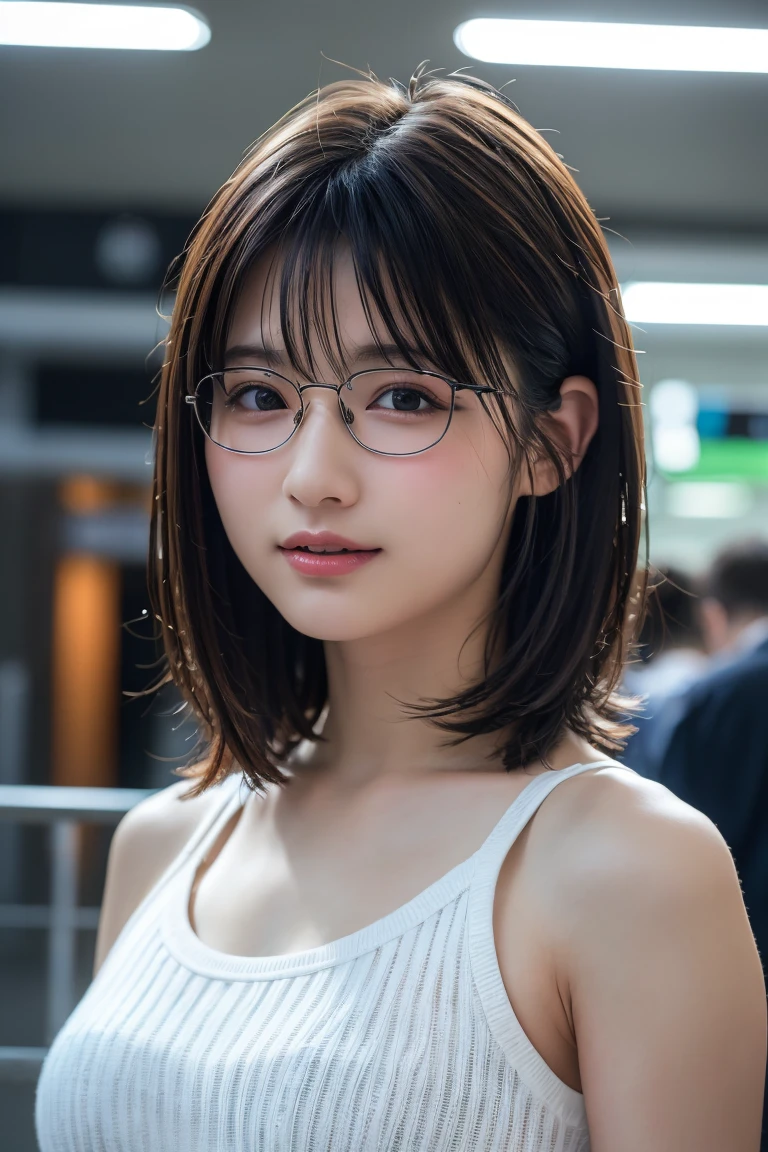 (8K、Raw photo、Highest quality、masterpiece:1.2)、(Realistic、Photorealistic:1.37)、Ultra-detailed、Ultra-high resolution、1 girl、Seeing the viewer、Beautifully detailed face、Laughter、narrow、(Slim waist) :1.3)、shortcut、Beautifully detailed skin、Skin Texture、Floating Hair、Professional Lighting、Waiting for the train on the platform、Black-rimmed square glasses 、Human whole body、Brown Hair、Northleigh、Tank Top