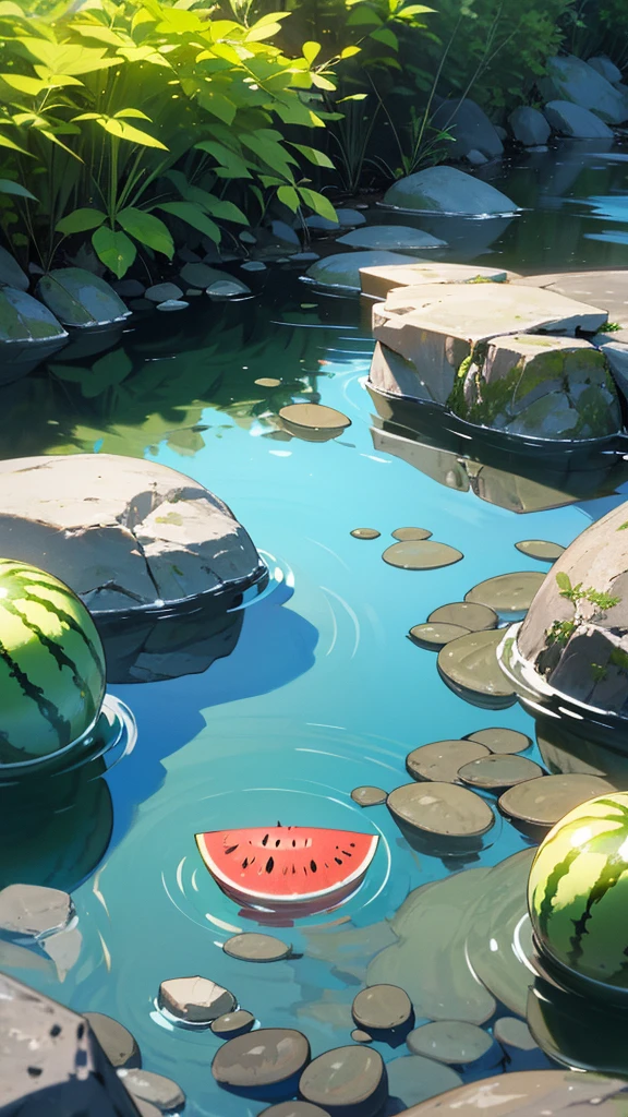 Create a photograph of a watermelon partially submerged in a clear stream with rocks and pebbles visible through the water. The setting should be natural and serene, capturing the contrast between the vibrant green of the watermelon and the clear, flowing water. The overall atmosphere should evoke a sense of tranquility and the refreshing coolness of summer.
