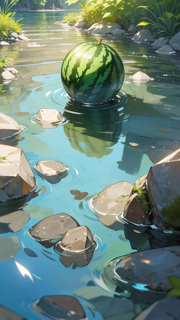 Create a photograph of a watermelon partially submerged in a clear stream with rocks and pebbles visible through the water. The setting should be natural and serene, capturing the contrast between the vibrant green of the watermelon and the clear, flowing water. The overall atmosphere should evoke a sense of tranquility and the refreshing coolness of summer.
