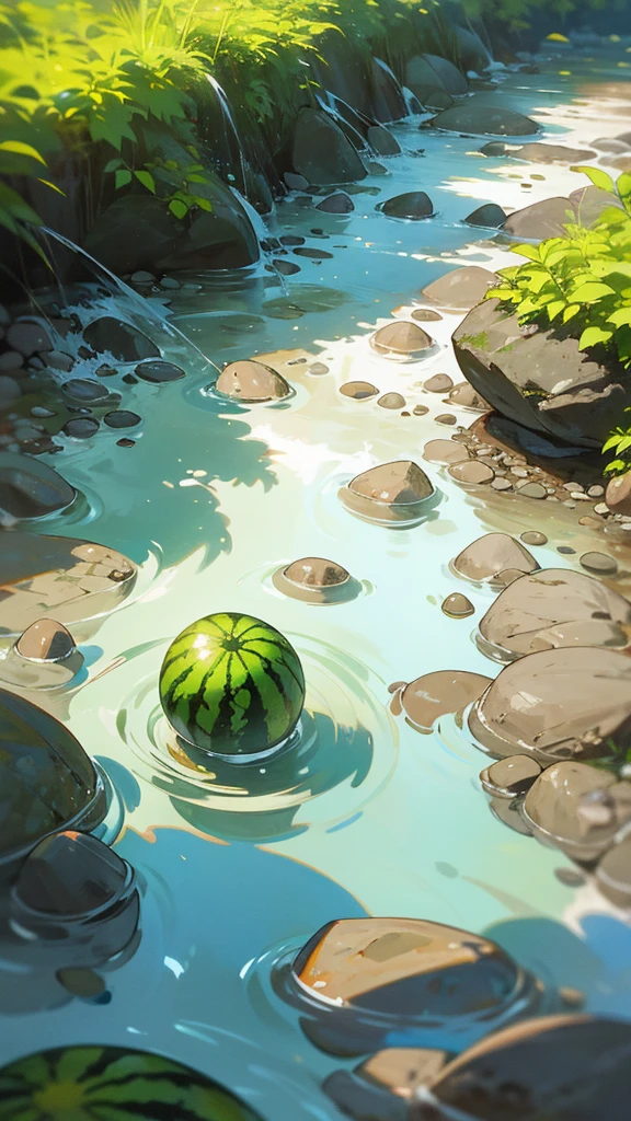 Create a photograph of a watermelon partially submerged in a clear stream with rocks and pebbles visible through the water. The setting should be natural and serene, capturing the contrast between the vibrant green of the watermelon and the clear, flowing water. The overall atmosphere should evoke a sense of tranquility and the refreshing coolness of summer.