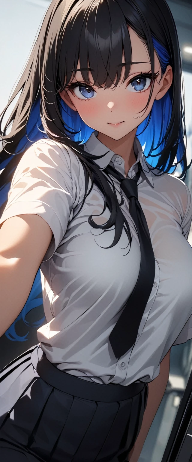 (high quality, 8k, 4K, High Contrast, masterpiece:1.2, 最high quality, Best aesthetics), 1 Female, (Real skin texture:1.3), (Film Grain:1.3), (Selfie angle, High angle), One girl, Beautiful and detailed eyes and face, 最high quality, close, cowboy shot blackhair , Blue inner hair Whiteshirt darkBlue skirt (transparent black bra)(show of black pants)