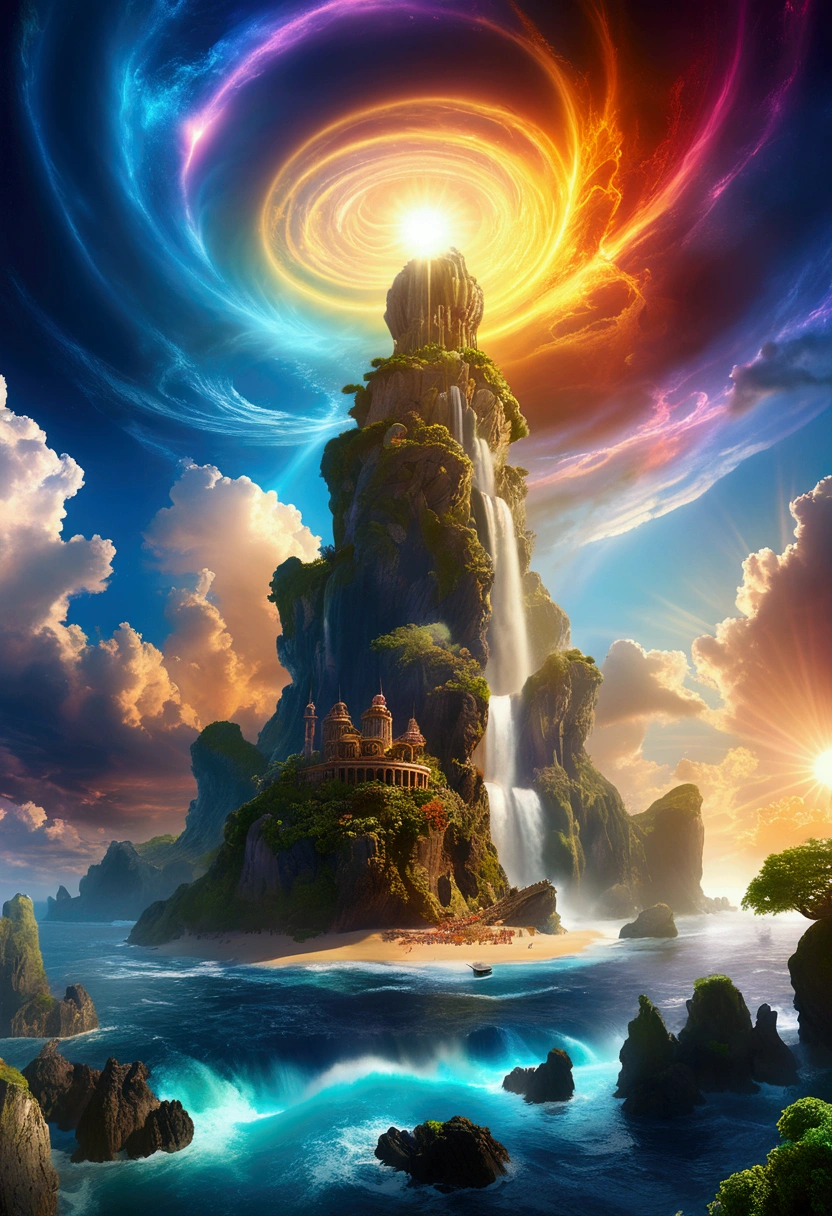(Mysterious Island), in Starry Solstice, inspired by the glow of colorful distant celestial bodies, lighting up the night sky with a gentle hint of warmth and longing for the beauty that exists far beyond our reach, award-winning, cinematic still, emotional, vignette, dynamic, vivid, (masterpiece, best quality, Professional, perfect composition, very aesthetic, absurdres, ultra-detailed, intricate details:1.3)