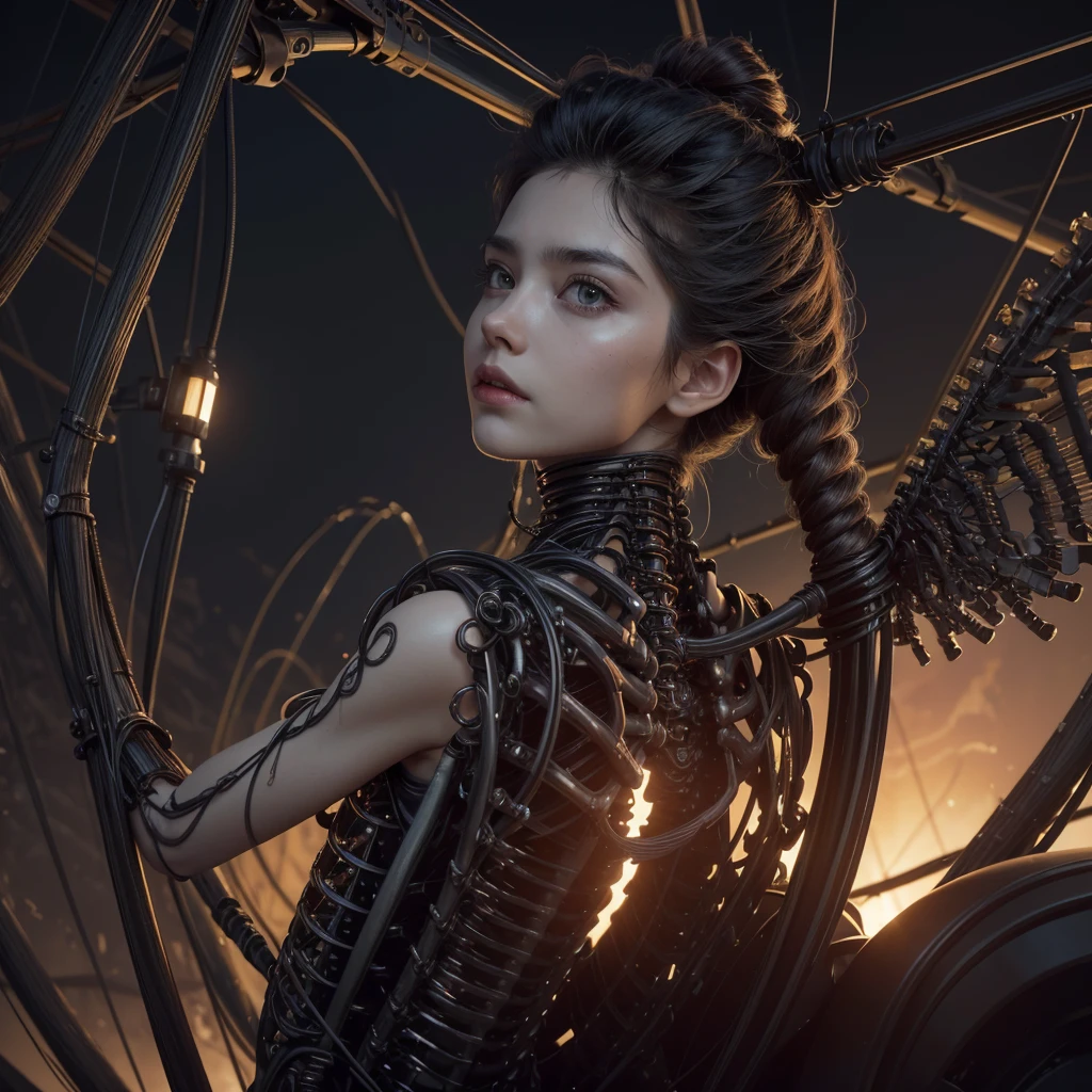 (((masterpiece))), ((Highest quality)), (Super Detail), (CG illustration), (So evil and beautiful)), Cinematic Light, ((1. Mechanical Girl)), single, (Mechanical Arts: 1.4), ((Mechanical Limbs)), (Blood vessel attached to a tube), ((Mechanical spine attached to the back)), ((Mechanical cervical vertebrae attached to the neck), (Back to viewers)), Expressionless, ( Wires and cables connected to the head and torso: 1.5), sf, Apocalypse, What's left behind, (Lower body integrated with mechanical device), (Blood: 1.5), Cruelty, Confused, eroticism, Integration with machines, The End Times, Super Future, Inorganic, Research Room, constrained, (Beautiful luxury: 1.2), (1 girl: 1.3), A body wrapped in mechanical tentacles