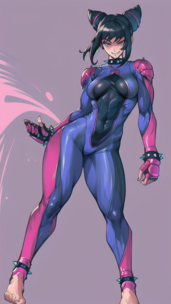 Full body image of Juri Han from Street Fighter 5, wearing her original outfit (black and purple bodysuit with spiked accents, barefoot with taped feet, and arm guards), short black hair styled in twin buns, female body, athletic and flexible body, dynamic pose, detailed pose, simple background, expressive face showing a mischievous grin, focus on face, line art, sketch