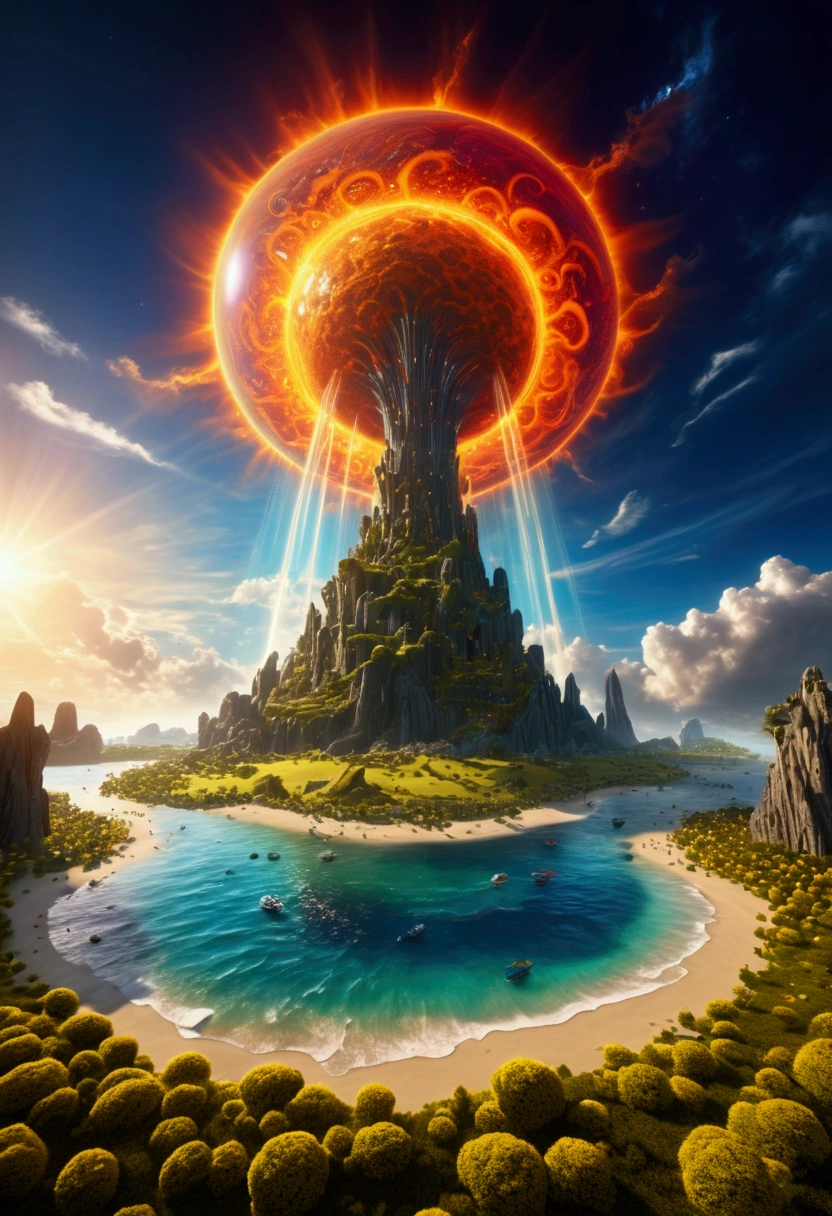(Mysterious Island), in Starry Solstice, inspired by the glow of colorful distant celestial bodies, lighting up the night sky with a gentle hint of warmth and longing for the beauty that exists far beyond our reach, award-winning, cinematic still, emotional, vignette, dynamic, vivid, (masterpiece, best quality, Professional, perfect composition, very aesthetic, absurdres, ultra-detailed, intricate details:1.3)