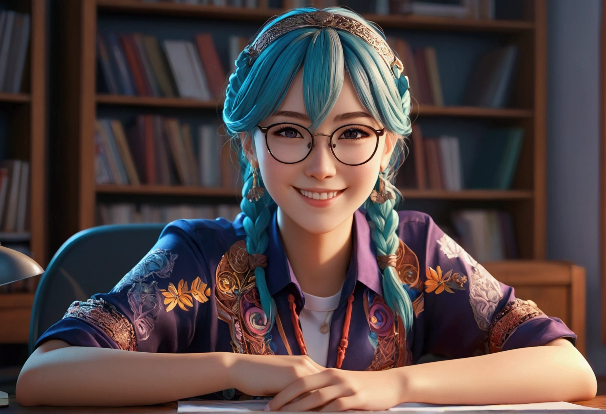 a smiling anime girl wearing glasses sitting at a desk, detailed facial features, intricate clothing, high quality, vibrant colors, cinematic lighting, 8k, photorealistic, digital art, concept art