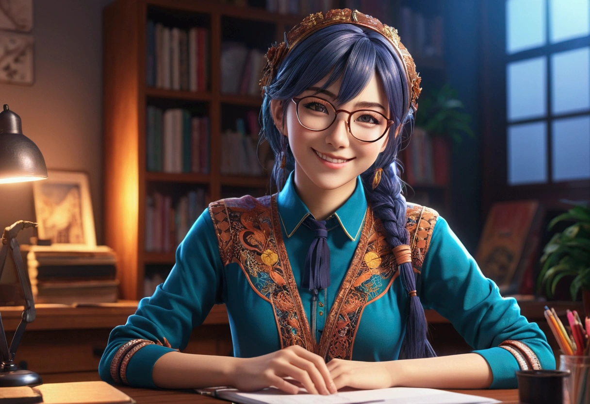 a smiling anime girl wearing glasses sitting at a desk, detailed facial features, intricate clothing, high quality, vibrant colors, cinematic lighting, 8k, photorealistic, digital art, concept art