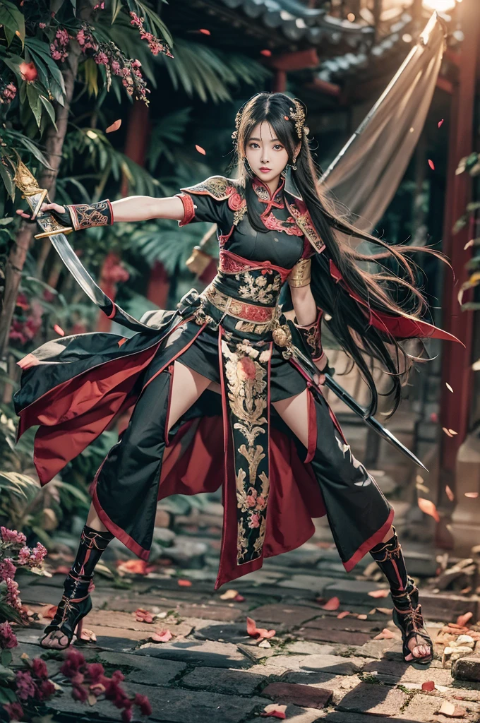 Masterpiece, best quality, asian girl , black long hair, looking at viewer, ancient chinese dress, chinese sword, armor, standing pose, perfect lighting , dynamic pose, fighting stance , full body , intricate