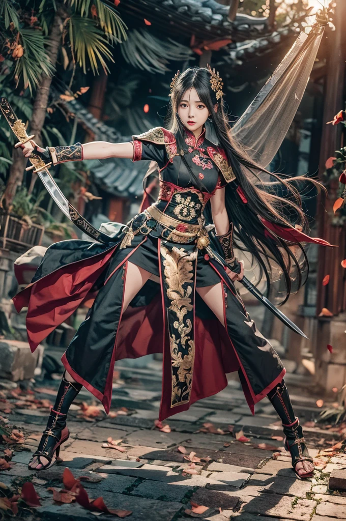 Masterpiece, best quality, asian girl , black long hair, looking at viewer, ancient chinese dress, chinese sword, armor, standing pose, perfect lighting , dynamic pose, fighting stance , full body , intricate