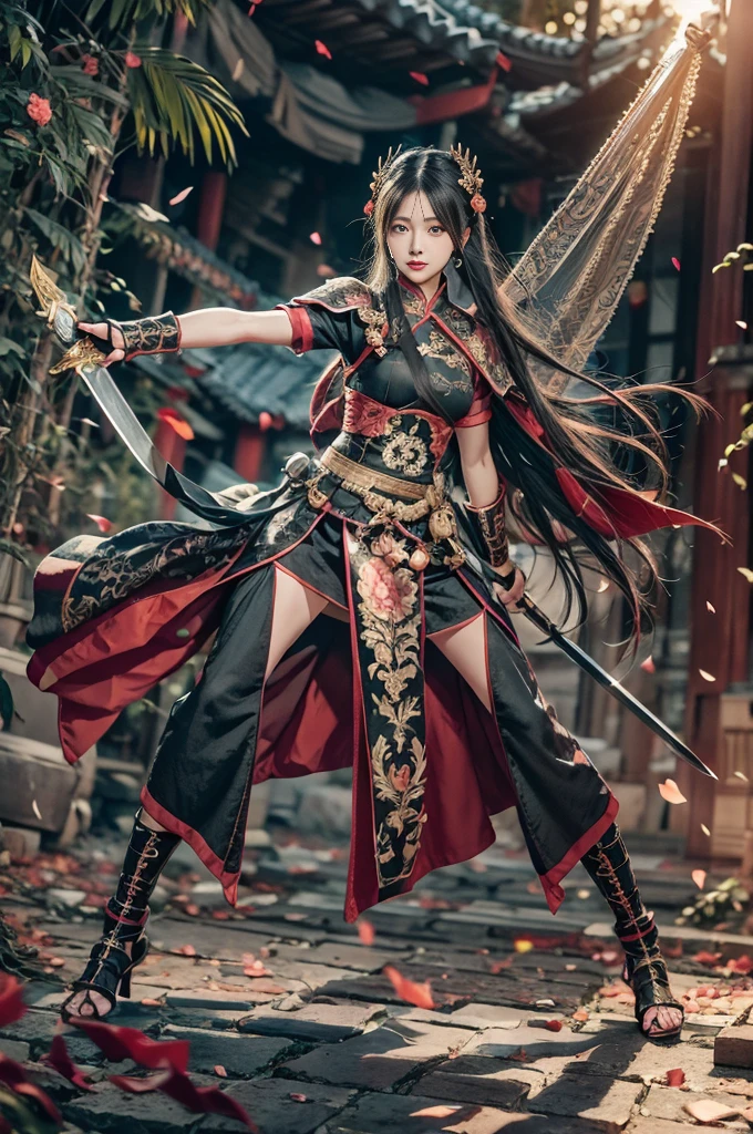 Masterpiece, best quality, asian girl , black long hair, looking at viewer, ancient chinese dress, chinese sword, armor, standing pose, perfect lighting , dynamic pose, fighting stance , full body , intricate