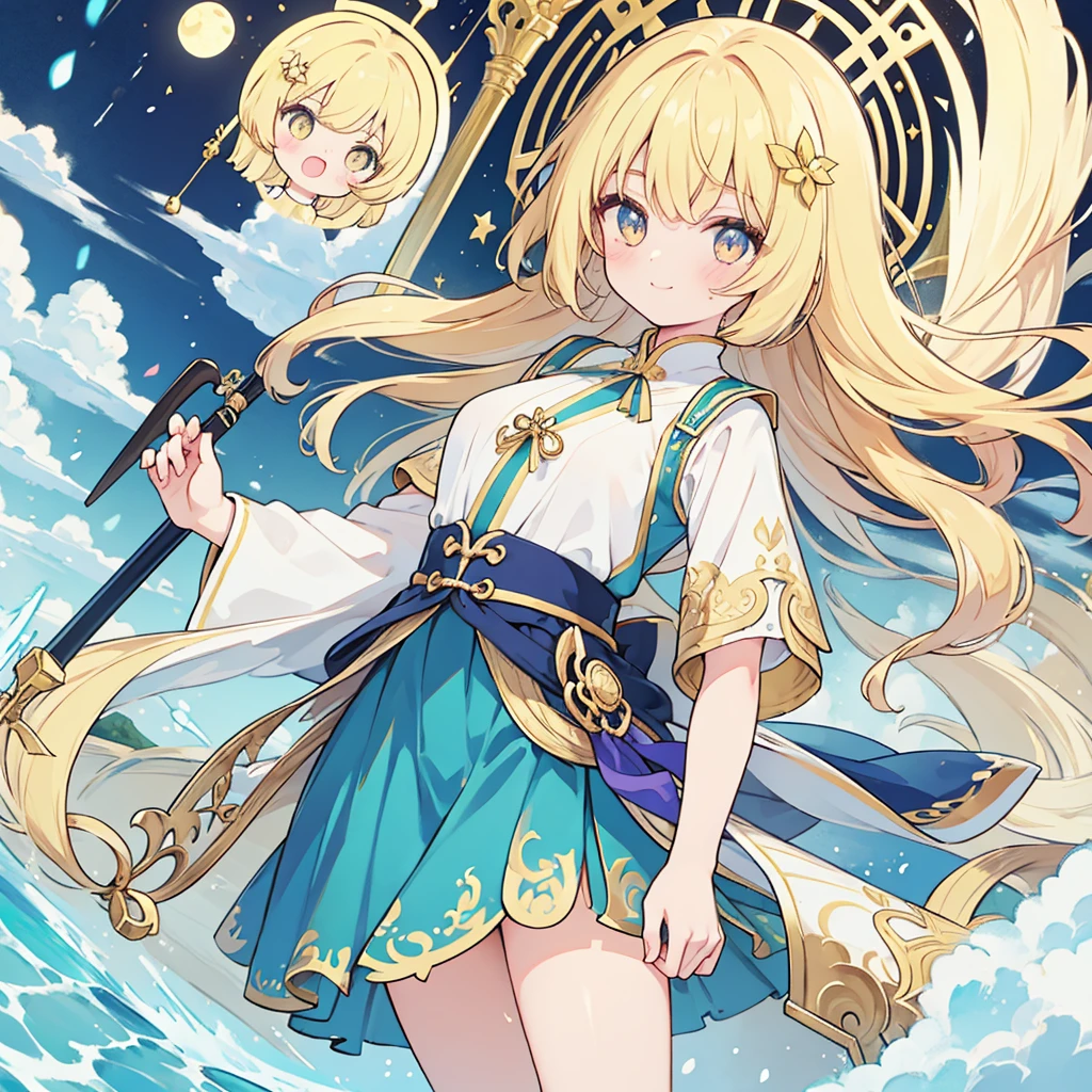 ((best quality)), ((masterpiece)), (detailed), An optimistic girl，Wear a blue skirt with gold trim，有着金色的头发和Golden Eyes，Golden Eyes，blonde，Smile，Stay in a bright, medieval-style house