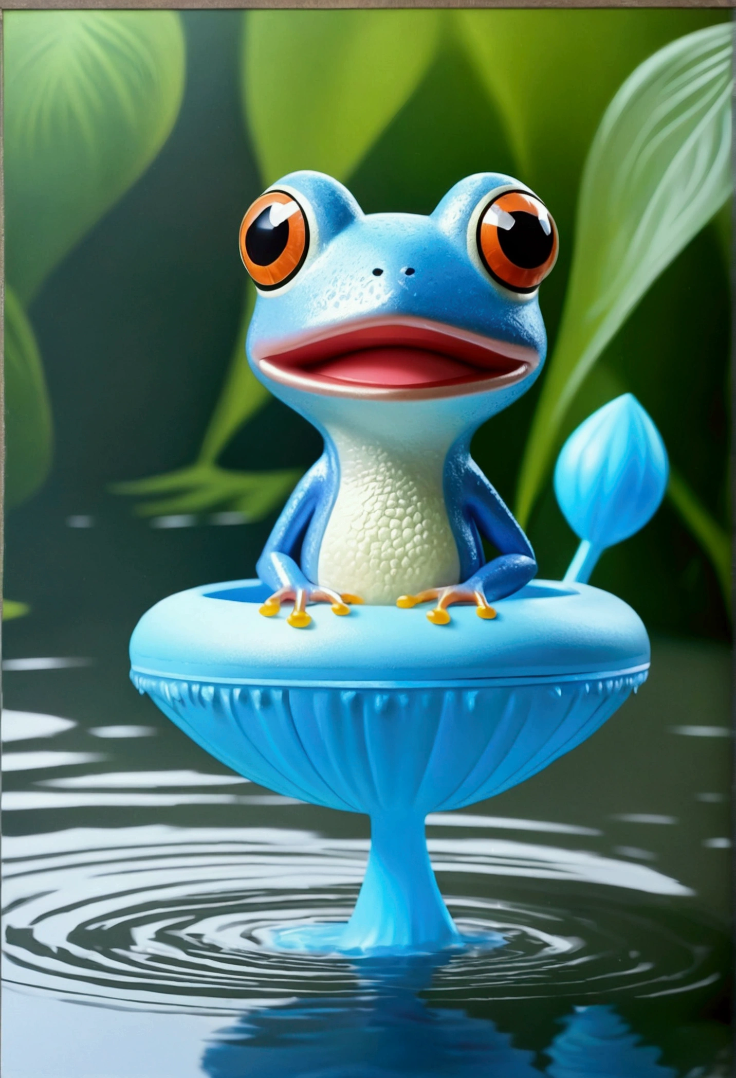 A frog drawn by the Pokémon artist Sower、(Light blue float at waist:1.5)、Two-legged、Love nature、Eyes are2One、kawaii, wearing headphones