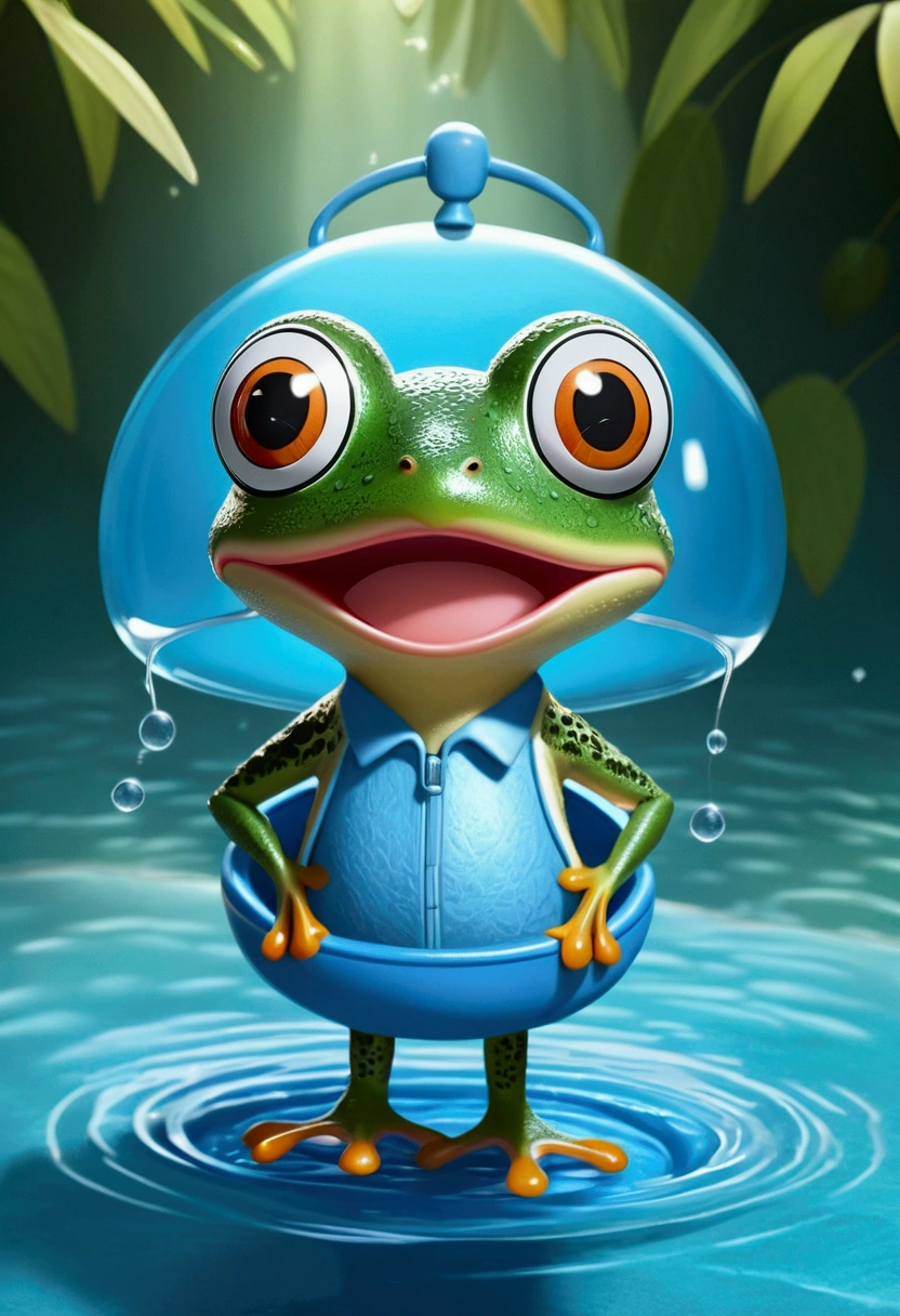 A frog drawn by the Pokémon artist Sower、(Light blue float at waist:1.5)、Two-legged、Love nature、Eyes are２One、kawaii, wearing headphones