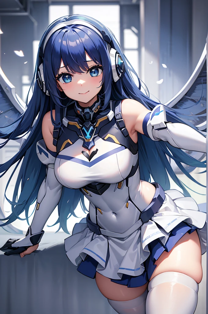 Mecha Wings、White and blue skirt、Accentuated thighs、White tights、chest、Beautiful dark blue hair、1 girl、solo girl、Thick thighs、IS、Frame Arms Girl、Alice Gere Aegis、White Armor、Blue and purple lines、income、headphone、hand on own chest、smile