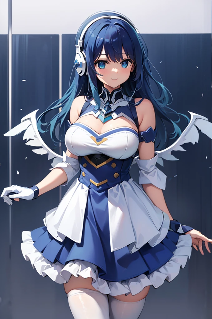 Mecha Wings、White and blue skirt、Accentuated thighs、White tights、chest、Beautiful dark blue hair、1 girl、solo girl、Thick thighs、IS、Frame Arms Girl、Alice Gere Aegis、White Armor、Blue and purple lines、income、headphone、hand on own chest、smile