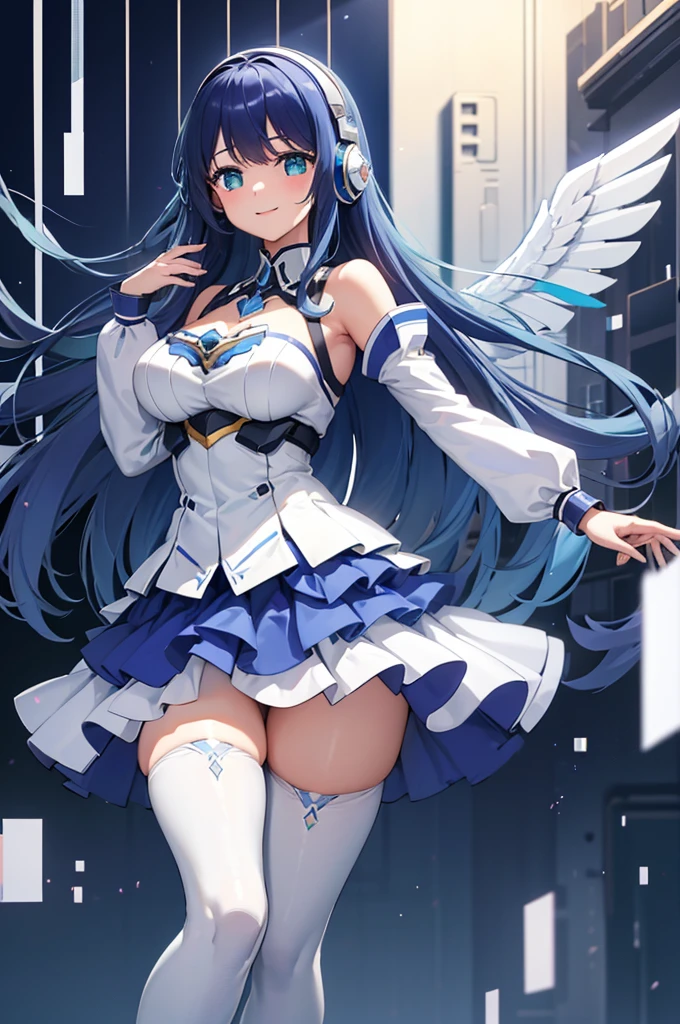 Mecha Wings、White and blue skirt、Accentuated thighs、White tights、chest、Beautiful dark blue hair、1 girl、solo girl、Thick thighs、IS、Frame Arms Girl、Alice Gere Aegis、White Armor、Blue and purple lines、income、headphone、hand on own chest、smile