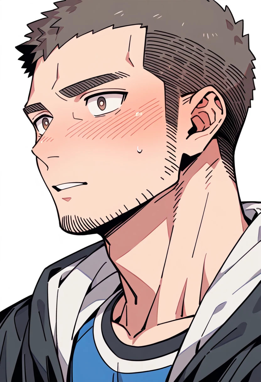 anime characters：Priapus, Muscle Sports Student, Buzz Cut, Manliness, male focus, Sports tight hooded sweatshirt, Very tight, full and perky chest muscles, muscular male, muscular, only, Upper body, alone, Red short hair, Thick eyebrows, stubble, Brown-red pupils, White background, simple background, amazing quality, best aesthetics, Ridiculous, crew cut, parted lips, flustered, endured face, shy, blush, negative space, best quality