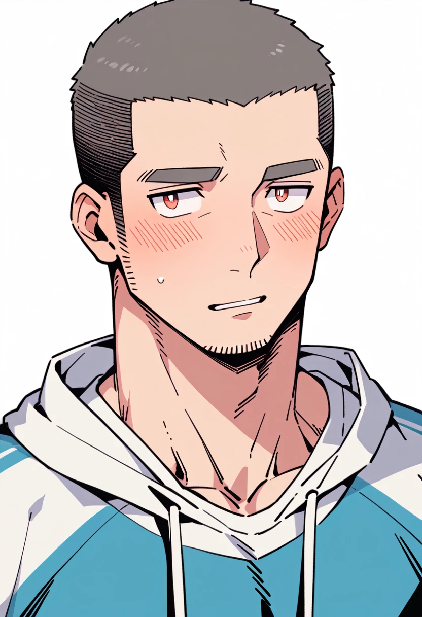 anime characters:Priapus, Muscle Sports Student, Buzz Cut, Manliness, male focus, Sports tight hooded sweatshirt, Very tight, full and perky chest muscles, muscular male, muscular, only, Upper body, alone, Red short hair, Thick eyebrows, stubble, Brown-red pupils, White background, simple background, amazing quality, best aesthetics, Ridiculous, crew cut, parted lips, flustered, endured face, shy, blush, negative space, best quality