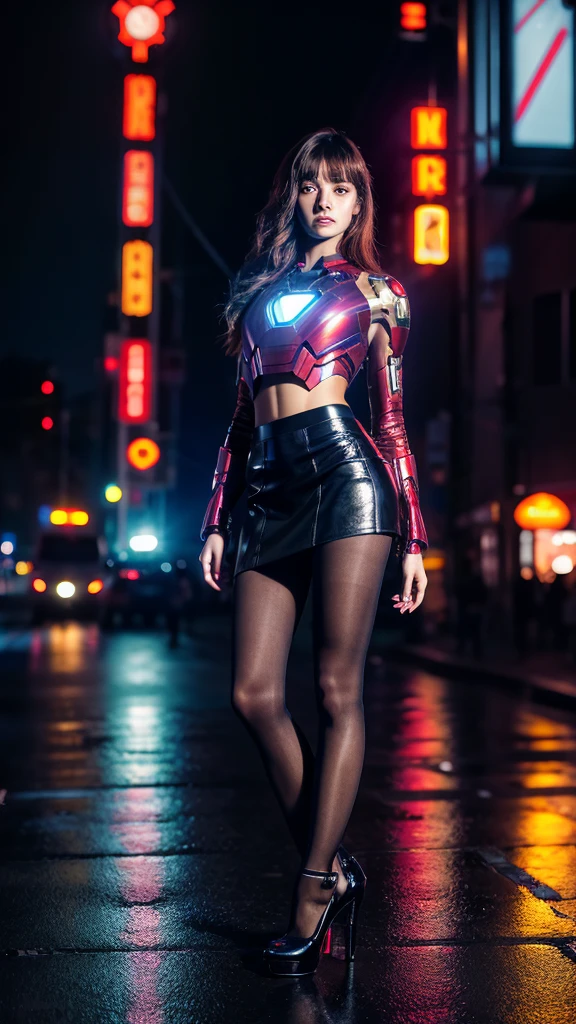 Beautiful Iron Man,Full body portrait,Wear a short skirt,Black pantyhose,Wearing high heels,Cyberpunk,Night,Hyperrealism,Neon Street,Ray Tracing,masterpiece,Light and Shadow,Fine drawing