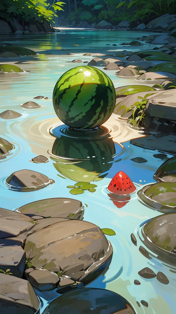 Create a photograph of a watermelon partially submerged in a clear stream with rocks and pebbles visible through the water. The setting should be natural and serene, capturing the contrast between the vibrant green of the watermelon and the clear, flowing water. The overall atmosphere should evoke a sense of tranquility and the refreshing coolness of summer.