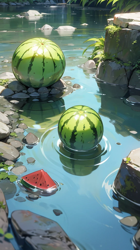 Create a photograph of a watermelon partially submerged in a clear stream with rocks and pebbles visible through the water. The setting should be natural and serene, capturing the contrast between the vibrant green of the watermelon and the clear, flowing water. The overall atmosphere should evoke a sense of tranquility and the refreshing coolness of summer.