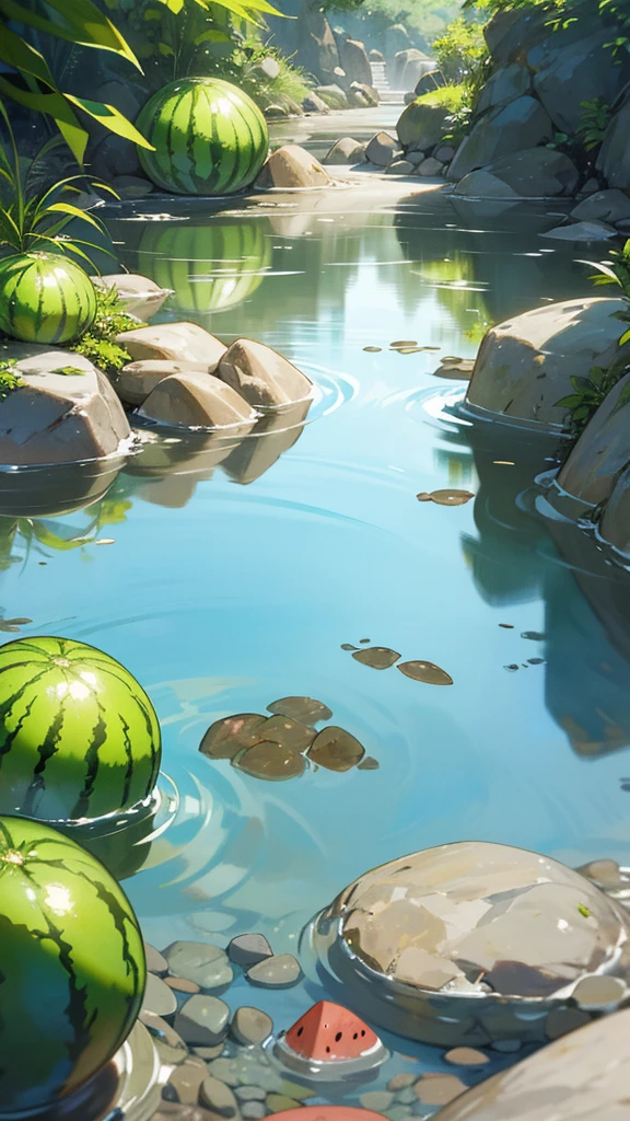 Create a photograph of a watermelon partially submerged in a clear stream with rocks and pebbles visible through the water. The setting should be natural and serene, capturing the contrast between the vibrant green of the watermelon and the clear, flowing water. The overall atmosphere should evoke a sense of tranquility and the refreshing coolness of summer.