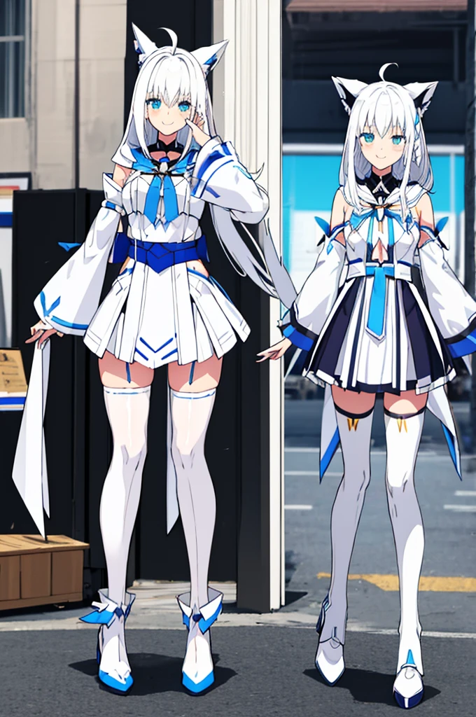 Mecha Wings、White and blue skirt、Accentuated thighs、White tights、chest、Beautiful white hair、1 girl、solo girl、Thick thighs、IS、Frame Arms Girl、Alice Gere Aegis、White Armor、Blue and purple lines、income、headphone、hand on own chest、smile