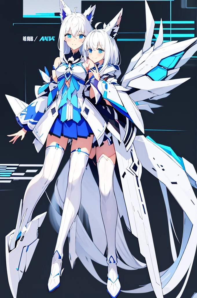 Mecha Wings、White and blue skirt、Accentuated thighs、White tights、chest、Beautiful white hair、1 girl、solo girl、Thick thighs、IS、Frame Arms Girl、Alice Gere Aegis、White Armor、Blue and purple lines、income、headphone、hand on own chest、smile