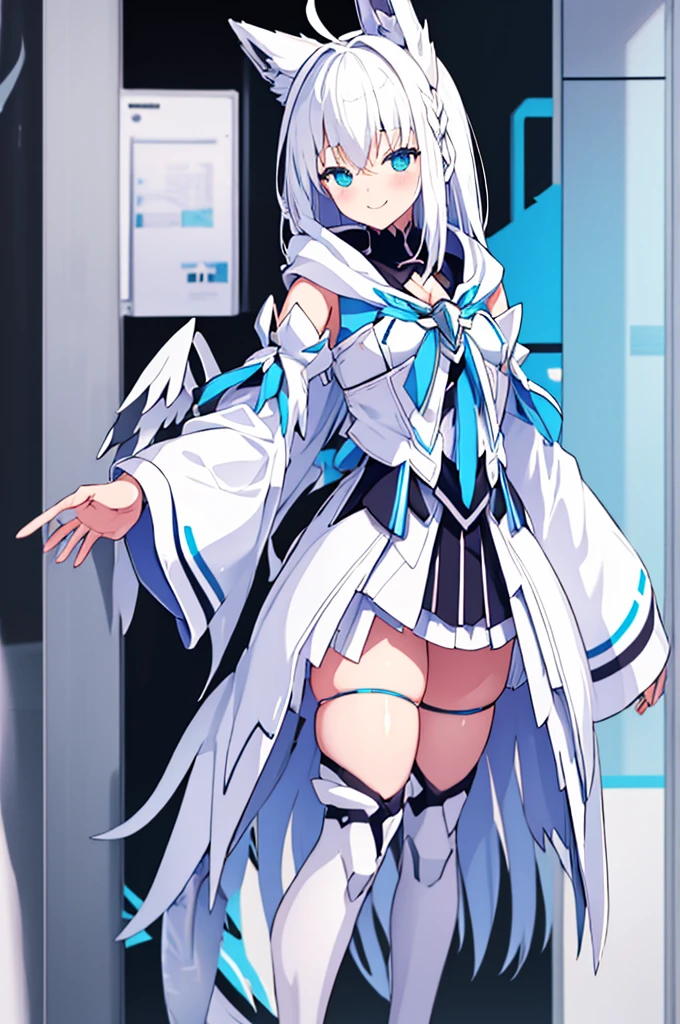 Mecha Wings、White and blue skirt、Accentuated thighs、White tights、chest、Beautiful white hair、1 girl、solo girl、Thick thighs、IS、Frame Arms Girl、Alice Gere Aegis、White Armor、Blue and purple lines、income、headphone、hand on own chest、smile